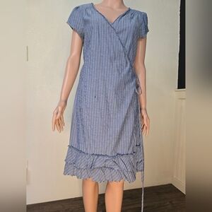 Converse One Star Women’s Wrap Dress Med Chambray Striped Cap Sleeve Raw Ruffle